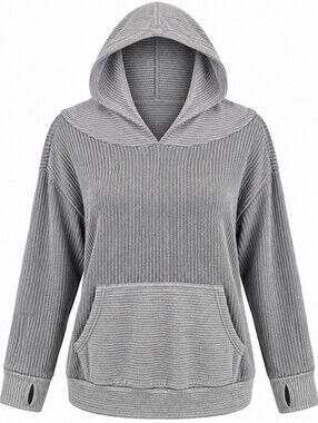 GRACE & LACE | Cozy Soft Girl Gray Ribbed Kangaroo Pocket Pullover Hoodie | XL